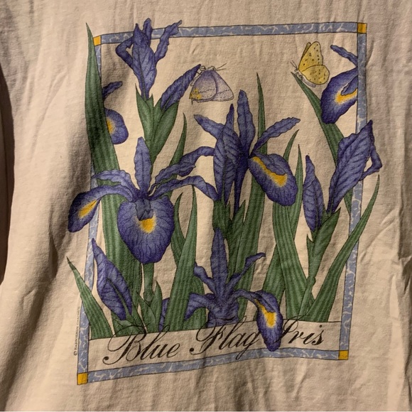 LL BEAN Flower Print Womens S/S Used T Shirt Sz M 90s White Stain 20x23 - Picture 2 of 5